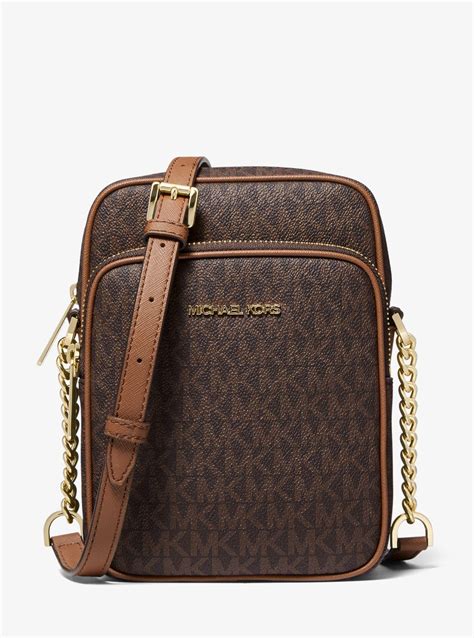 michael kors jet set travel logo crossbody bag brown goldtone|Jet Set Travel Medium Signature Logo Crossbody Bag .